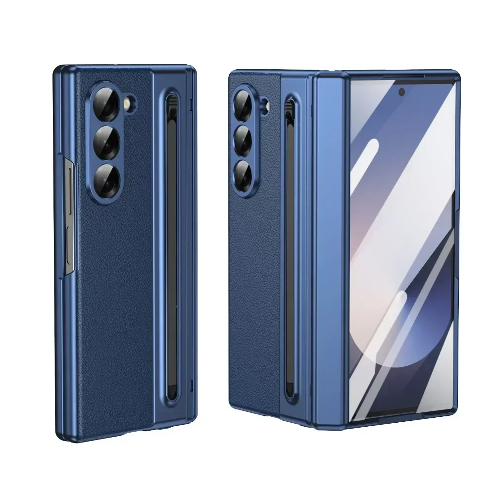 Ốp Lưng Điện Thoại Samsung Galaxy Z Fold 7/6/5/4 Bằng Da Có Màng Thép & Khe Cắm Bút - Vỏ Bảo Vệ Bản