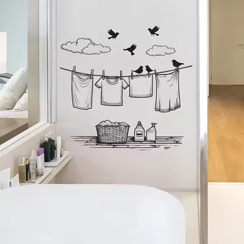 1Pc Minimalist Sparrow Clothesline Laundry Room Wall Sticker, Pvc Wall Beautification Home Decor, Su