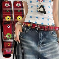 4-1Pc Y2K Dopamine Flower Deco Belt - Floral Red Plaid Waist Belt - American High Street Waistband -