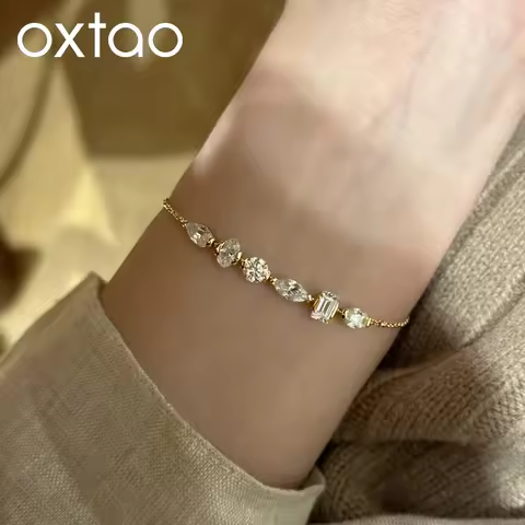 OXTAO Luxury Moissanite Geometric Link Bracelet 3.8mm D Color for Women 14K Gold Filled Temperament 