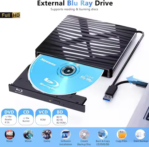 USB3.0 External Blu-ray Optical Drive for Laptop PC Windows 11/10 Mac Portable 3D BD-RW Drive BD DVD