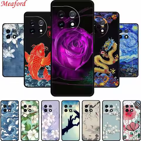 3D Emboss Case For OnePlus 12 13 5G Phone Case Flowers Black Silicone Soft Back Cover For OnePlus 13