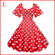 fulaide Women Midi Dress Tight Waist Midi Dress Vintage Polka Dot A-line Midi Dress for Party Prom F