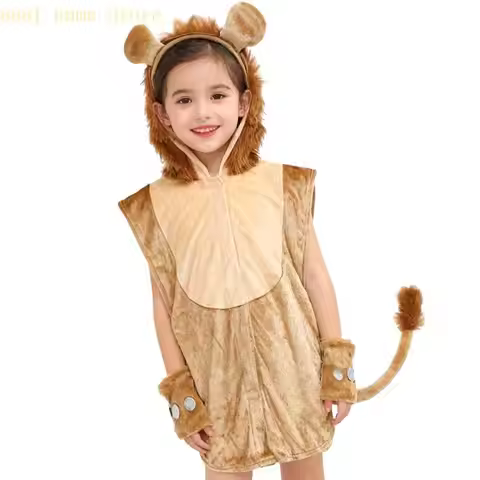 R7UD Animal Costume Lions Ears Headband Tail Jumupsuit Gloves for Halloween Cosplay