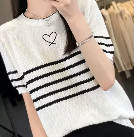 Women's Clothing Stripe Embroidery T-shirt Summer Little Love Knit Short Sleeve Casual Tees Lady Ver