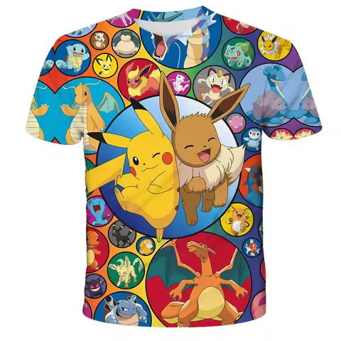 2026 Summer Anime Pikachu Children 3D Fashion Casual T-shirt Pokemon Boys Girls Clothing T-shirt Sho
