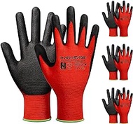 MANUSAGE Work Gloves MicroFoam Nitrile Coated-3 Pairs, Seamless Knit Nylon Gloves for Men and Women, Touchscreen, Lightweight, Comfortable, Red, M