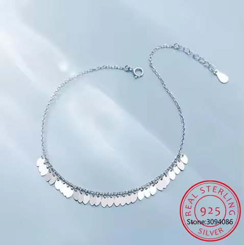 Fashion Genuine 925 Sterling Silver Sweet Wafer Tassel Chain 20cm Anklets For Women Best Friend Jewe