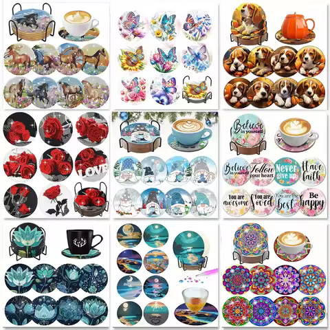 8 Pieces/Set Animal Horse Pattern Diamond Painted Coaster Set with Holder DIY Coaster Beginner Coast