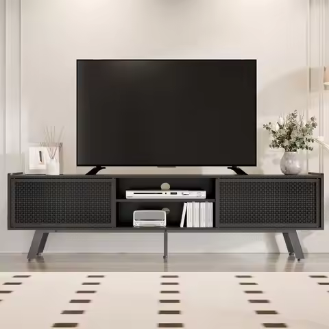 Black TV Stand for 65 70 Inch TV, Modern Iron Rattan TV Console with Sliding Door, Entertainment Cen