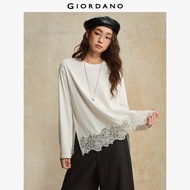 Giordano Knitted Long-Sleeve T-Shirt with Crew Neck Contrast Lace Ruffle at Hem – lace ruffle elegan