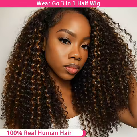 Deep Curly Highlight Wig 3 In 1 Half Wig Human Hair Invisible Drawstring Glueless Wig Human Hair Col