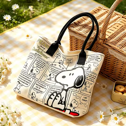 Kawaii Snoopy Vintage Comic Print Canvas Tote Bag Large Capacity Shoulder Bag Handbag Commute Shoppi