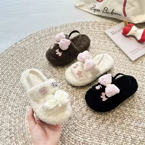 Kids' Slippers House Shoes Bow Open-toe Winter Shoes For Girls Warm Anti-slip Soft Bottom White Blac