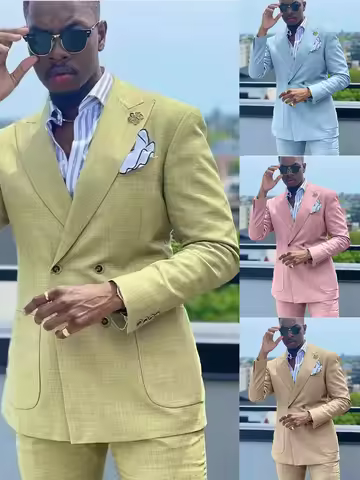 Casual Summer Linen Slim Fit Suits for Men Double Breasted Peaked Lapel Man 2 Piece Outfit Set Blaze