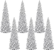 Leyndo 6 Pcs Pop Up Tree 5 ft Collapsible Artificial Christmas Tree Silver Tinsel Sequined Pencil Skinny Slim Christmas Tree for Home Indoor Outdoor Apartment Dorm Fireplace