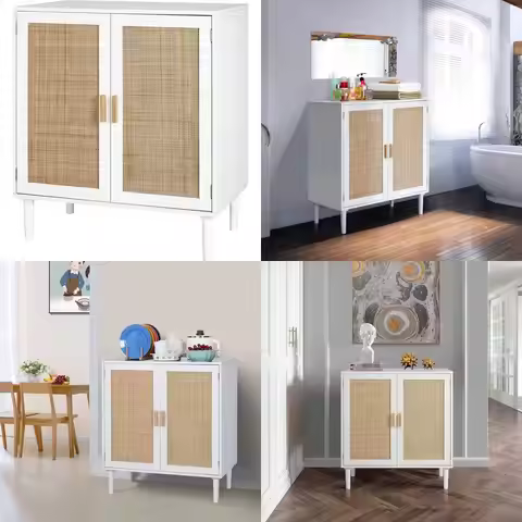 White Kitchen Buffet Cabinet with Rattan Doors, Storage Console for Dining and Hallway, 31.5x15.8x34