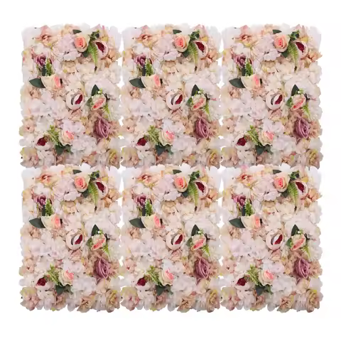 Artificial Flower Wall Panel, 6 Pack Champagne Pink Peony Rose Silk Floral Backdrop, Pre-drilled Hol