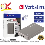 VERBATIM VX560 EXTERNAL SSD USB 3.1 GEN 2 SOLID STATE DRIVE WITH USB-C INPUT WITH TYPE-C CABLE - 256