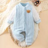 เสื้อจั๊มพ์สูทแขนยาวแบบติดกระดุมด้านหน้าสีฟ้าอ่อนสำหรับเด็กทารกแรกเกิด ยูนิเซกส์ อายุ 0-3 ปี, สไตล์ม