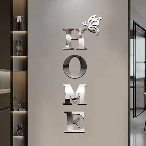 3D Mirror Wall Sticker 'HOME' Logo Entrance Decorative Adhesive Wall Mirror for Home Decor