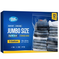 12 Large Plastic Bags With Zipper Top - 5 Gallon Bags 18" x 24", Extra Large Storage Bags for Clothe