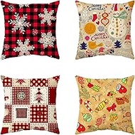 Cushion Cover, 65x65cm Set of 4, Christmas Red and Black Geometric Soft Velvet Throw Pillow Cases 26x26in, Square Sofa Cushion Cover with Invisible Zipper for Couch Bed Car Bedroom Home Decor