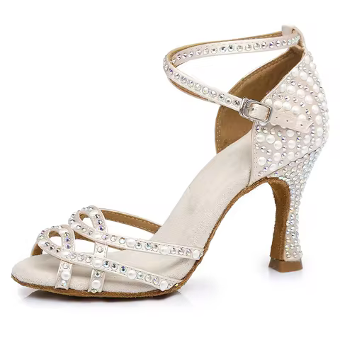 2023 Latin Dance Shoes Pearls Rhinestone Dance Shoes Sneakers Dance Ladies Comfort Salsa Shoes Dance