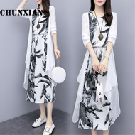 JS Women's Clothing Medium - long print dress art cotton linen two - piece match Plus Size Dress Lab