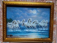 กรอบรูปกระจกพร้อมภาพเสริมฮวงจุ้ย ม้าสีหมอก 8ตัวกำลังวิ่งยามราตรี