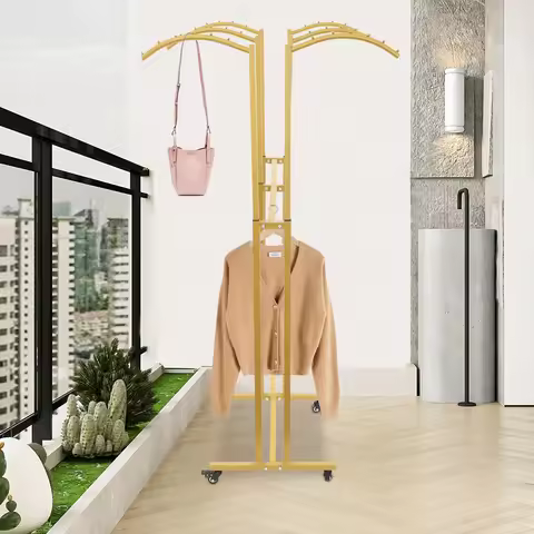 Gold 6-Arc Arms Garment Rack 120-158cm | Adjustable Height Floor Standing Clothing Rack with Wheels,