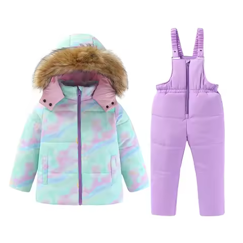 4-8T Kids Girls Ski Suits Hooded Snowboard Coats Children Winter Warm Pant Outdoor Sportwear Thick C