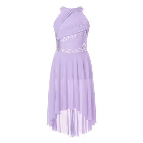 Girls Ballet Soft Dancewear Sheer Mesh Dress Lyrical Ice Skating Dress Sparkling Rhinestone Stage Pe