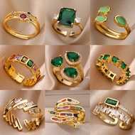 Light Luxury Retro Style Green Zircon Open Ring 18K Gold-Plated Emerald High-End Ring Jewelry