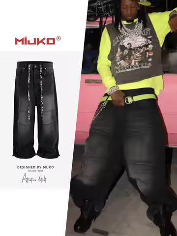 MIJKO Drawstring Double Knee Baggy Jeans for Men Wide Leg Washed Vintage Loose Denim Trousers Oversi
