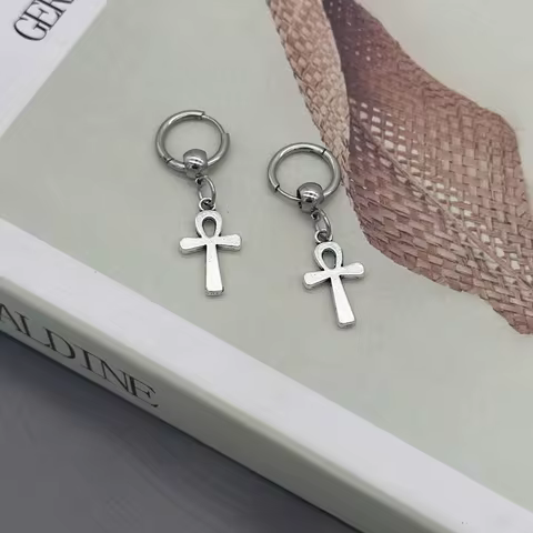 Y2K Punk Stainless Steel Hoop Alloy Cross Drop Earrings for Women Men Grunge Fashion Goth Dangle Ear