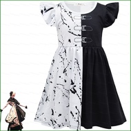 HK2 Movie Cruella de Vil Cosplay Costume For Children Kids Cruella Round Neck Dress Halloween Camouf