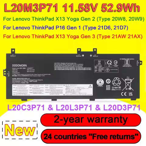 DODOMORN L20M3P71 Laptop Battery For ThinkPad X13 Yoga Gen 2 3/ P16 Gen1 Series L20C3P71 L20L3P71 L2