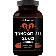 Tongkat Ali 200:1 (Longjack) Extract for Men, 2000mg Per Serving, 150 Capsules, Indonesia Origin, Eurycoma Longifolia with Panax Ginseng for Energy, Stamina, &amp; Male Health Support