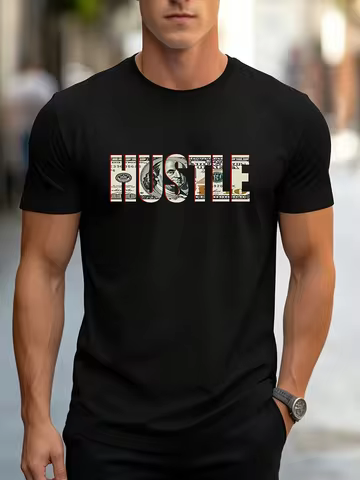 Men HUSTLE Dollar Money Bill Print T Shirt Motivational Entrepreneur Hustle Culture Graphic Crew Nec