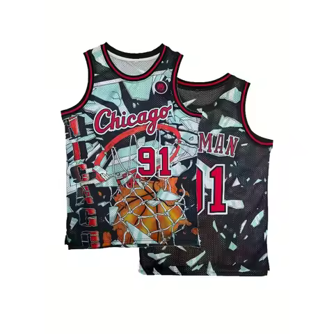 91 Rodman Basketball Jersey Vest, Black/red/gray Team Colors