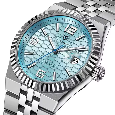 Dulunwe Luxury Men Mechanical Wristwatch Ice Blue Honeycomb Texture Dial Automatic Calendar Watch
