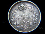 英屬加拿大銀幣-1916年英屬加拿大葉環5仙銀幣(英皇佐治五世像)