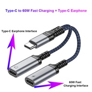 2 in 1 USB C to 3.5mm Headphone Jack Adapter 60W Type C Fast Charging Cable Audio Splitter Converter