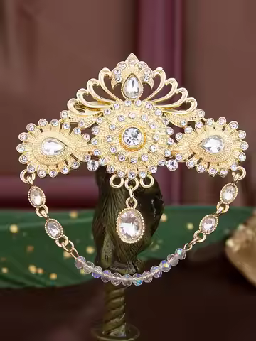 Sunspicems Crystal Moroccan Brooch For Women Long Bead Chain Pendant Arabic Lapel Hijab Pin Algeria 