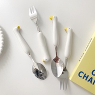 Cute White Duck Small Spoon Fork Household Cartoon High-Value Ceramic ins Wind Student Stainless Ste