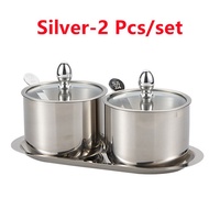 304 Stainless Steel Seasoning Jar Combination Set Seasoning Jar Glass Cover with Spoon Tray with Spo