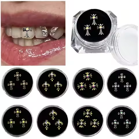 3pcs/box Retro Tooth Gems DIY Tooth Jewelry Crystal Stone Cross Metal Tooth Diamond Teeth Decoration