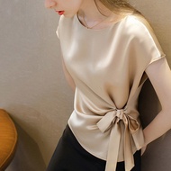[JMORE] Summer New Style Top Shirt Bow Lace-Up Design Short-Sleeved T-Shirt Women Korean Version Western Irregular