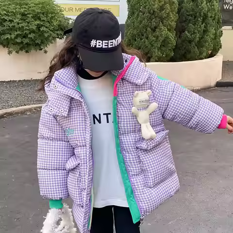 4-12 Years Girls Jacket 2025 Winter Lattice Lining Plush Thick Keep Warm Hooded Parkas For 4-12Years